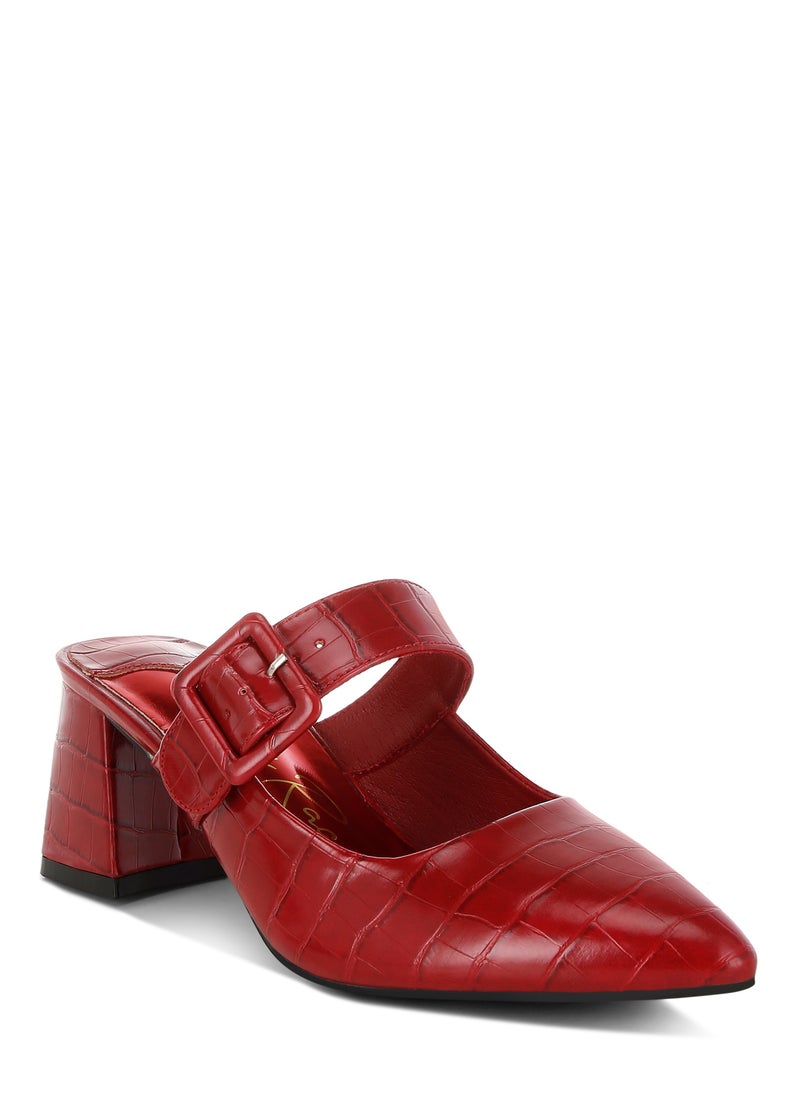 Croco Buckle Strap Detail Mules in Dark Red