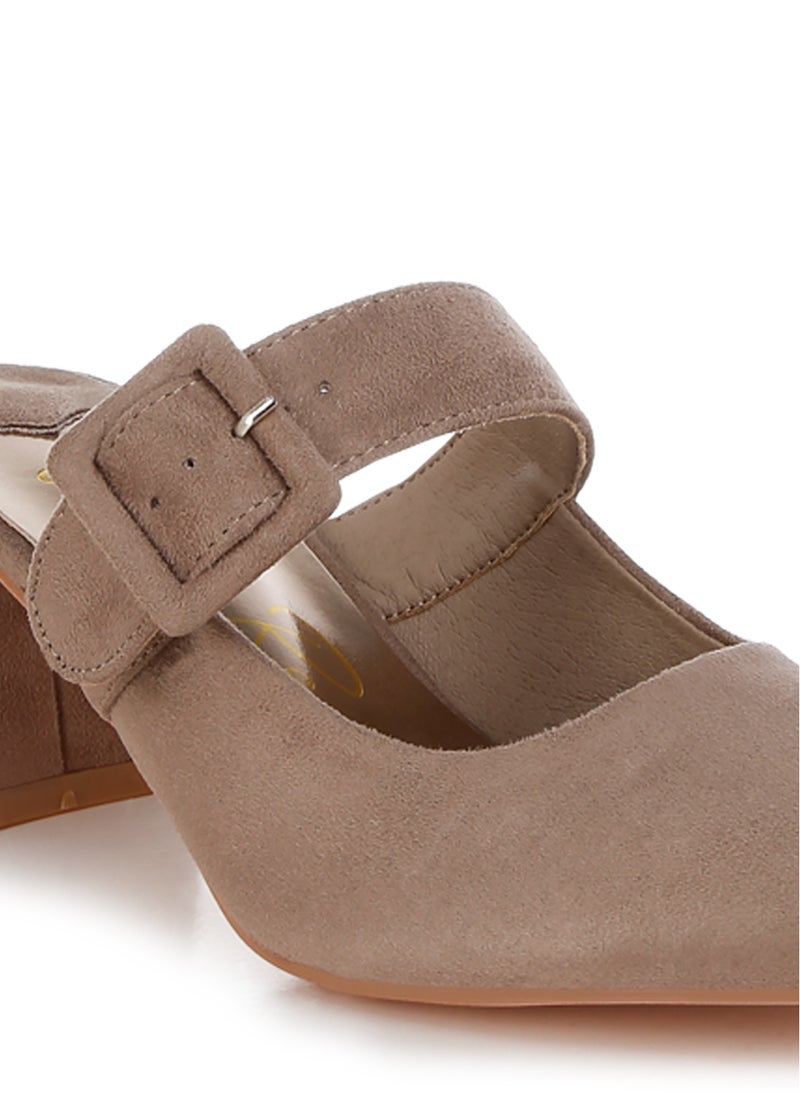 Buckle Strap Detail Microfiber Mules in Taupe