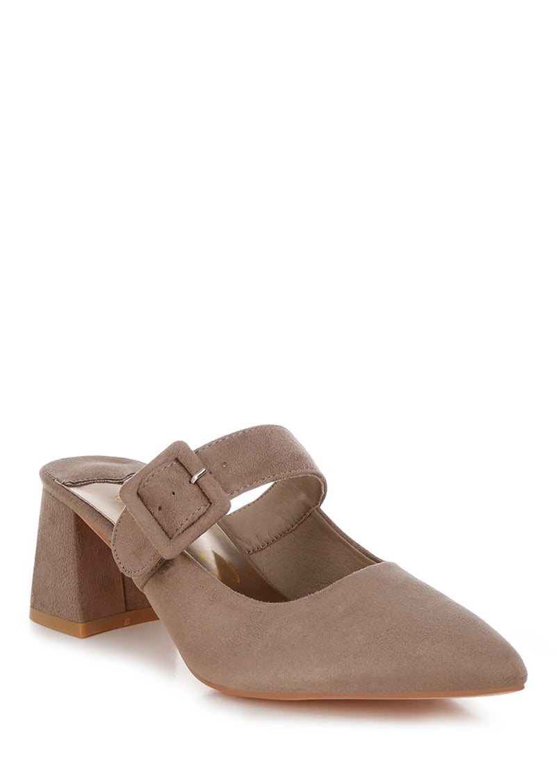 Buckle Strap Detail Microfiber Mules in Taupe