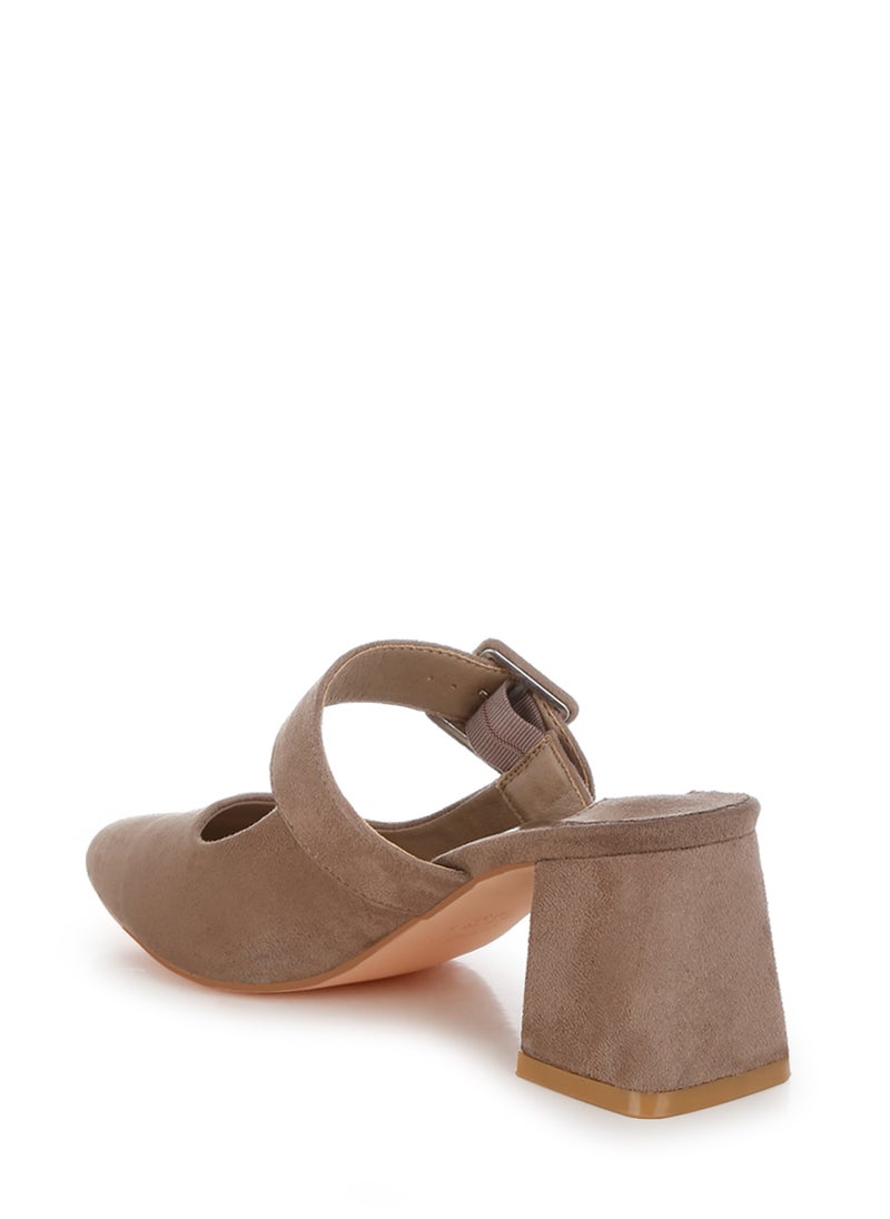 Buckle Strap Detail Microfiber Mules in Taupe