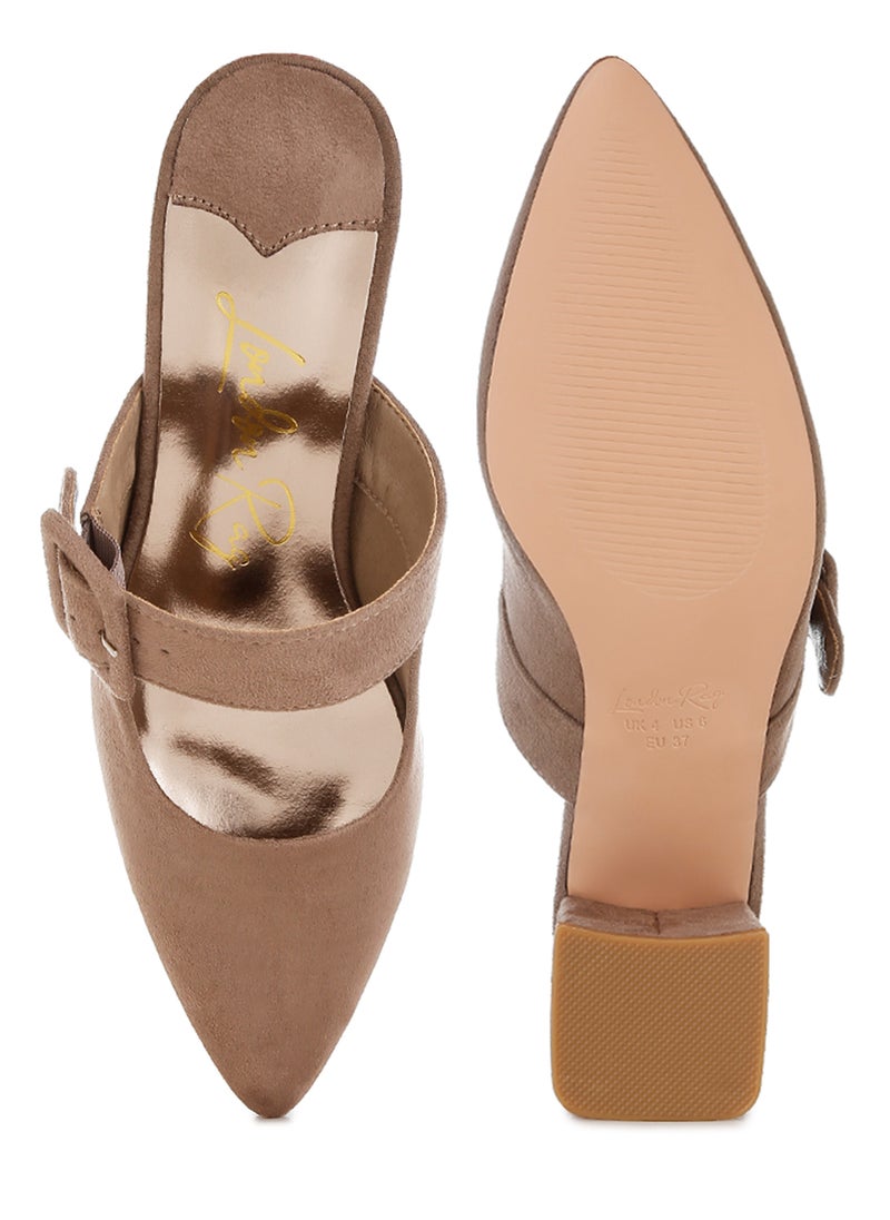 Buckle Strap Detail Microfiber Mules in Taupe