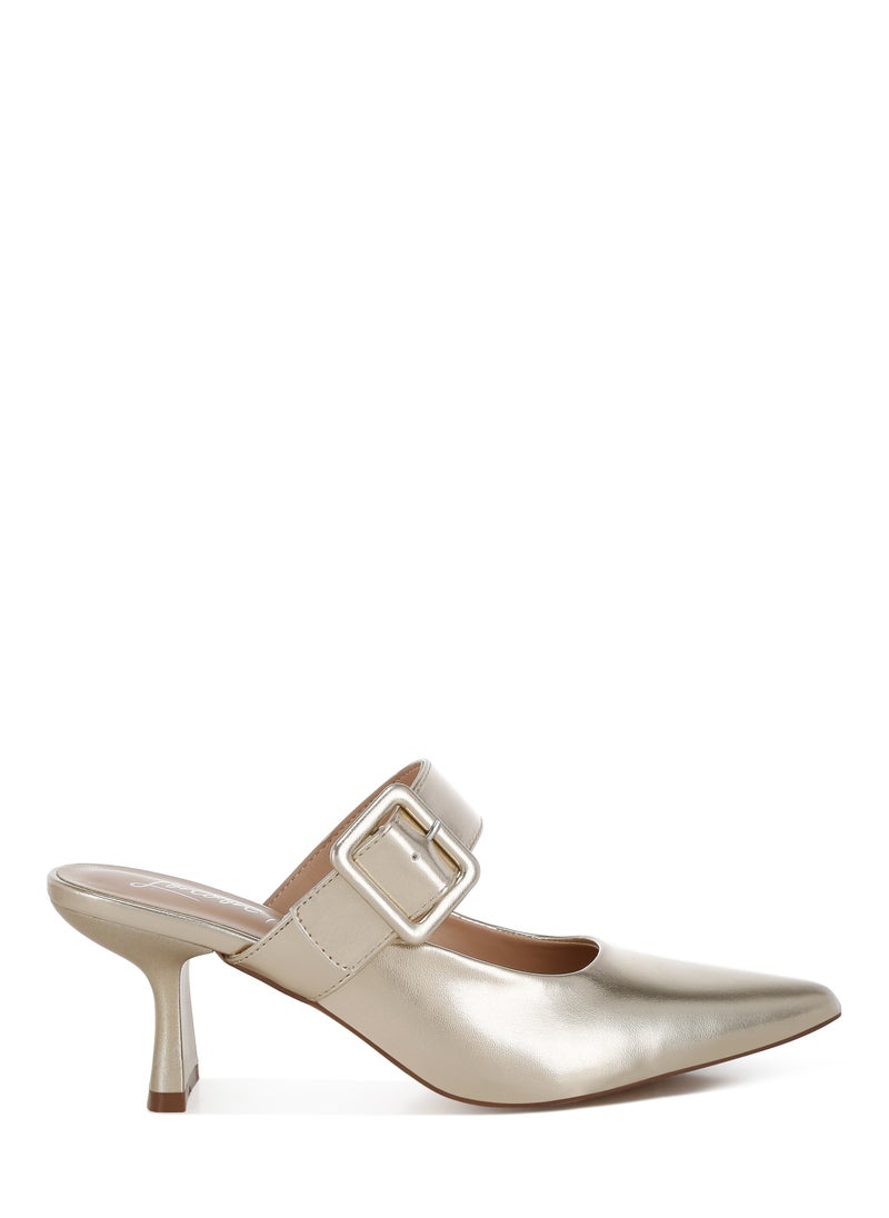 Large Buckle Kitten Heel Mules in Gold