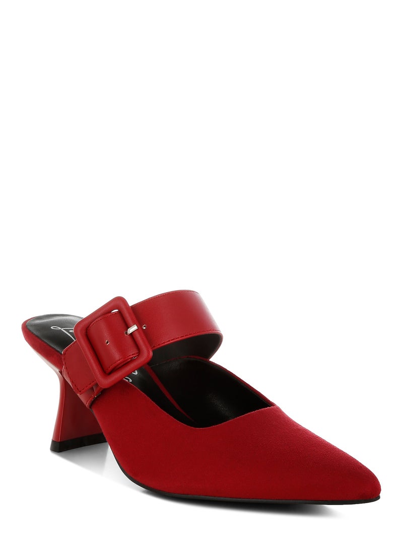 Microfiber Pointy Slip-On Mules in Red