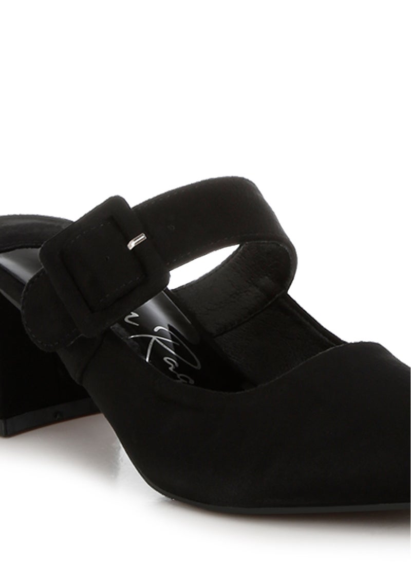 Buckle Strap Detail Microfiber Mules in Black