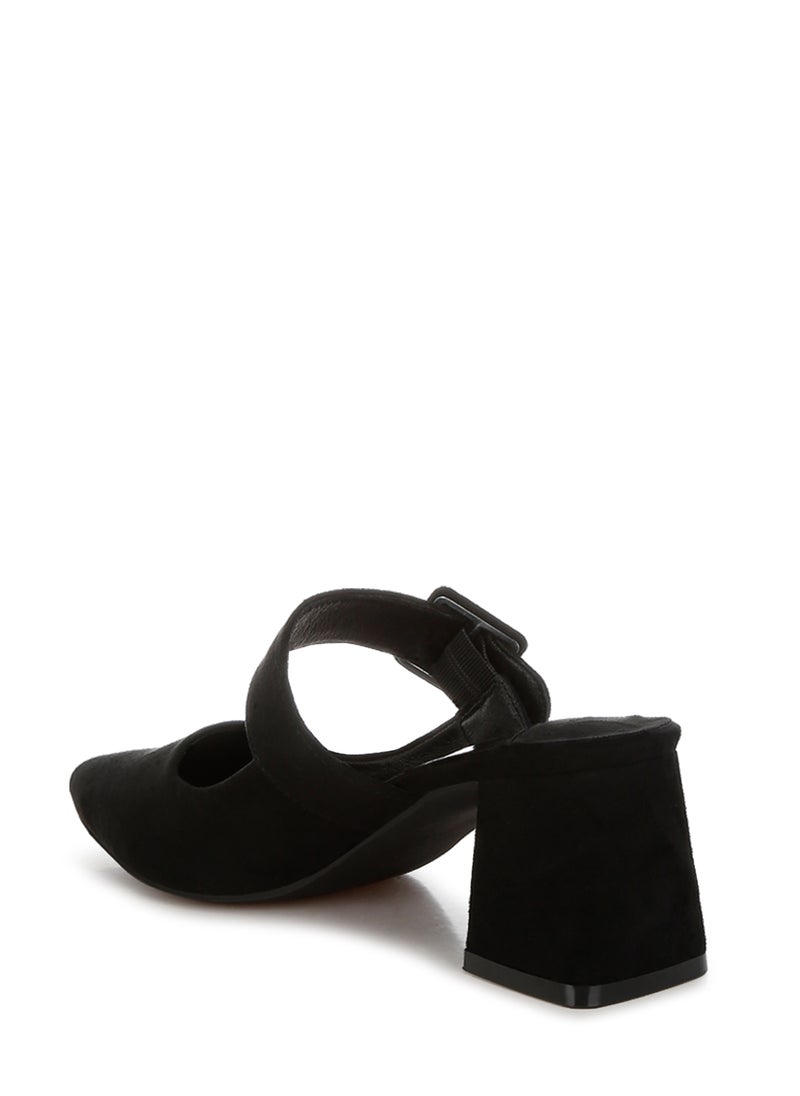 Buckle Strap Detail Microfiber Mules in Black