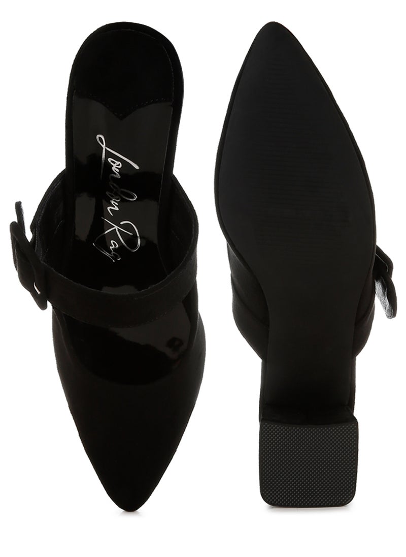 Buckle Strap Detail Microfiber Mules in Black