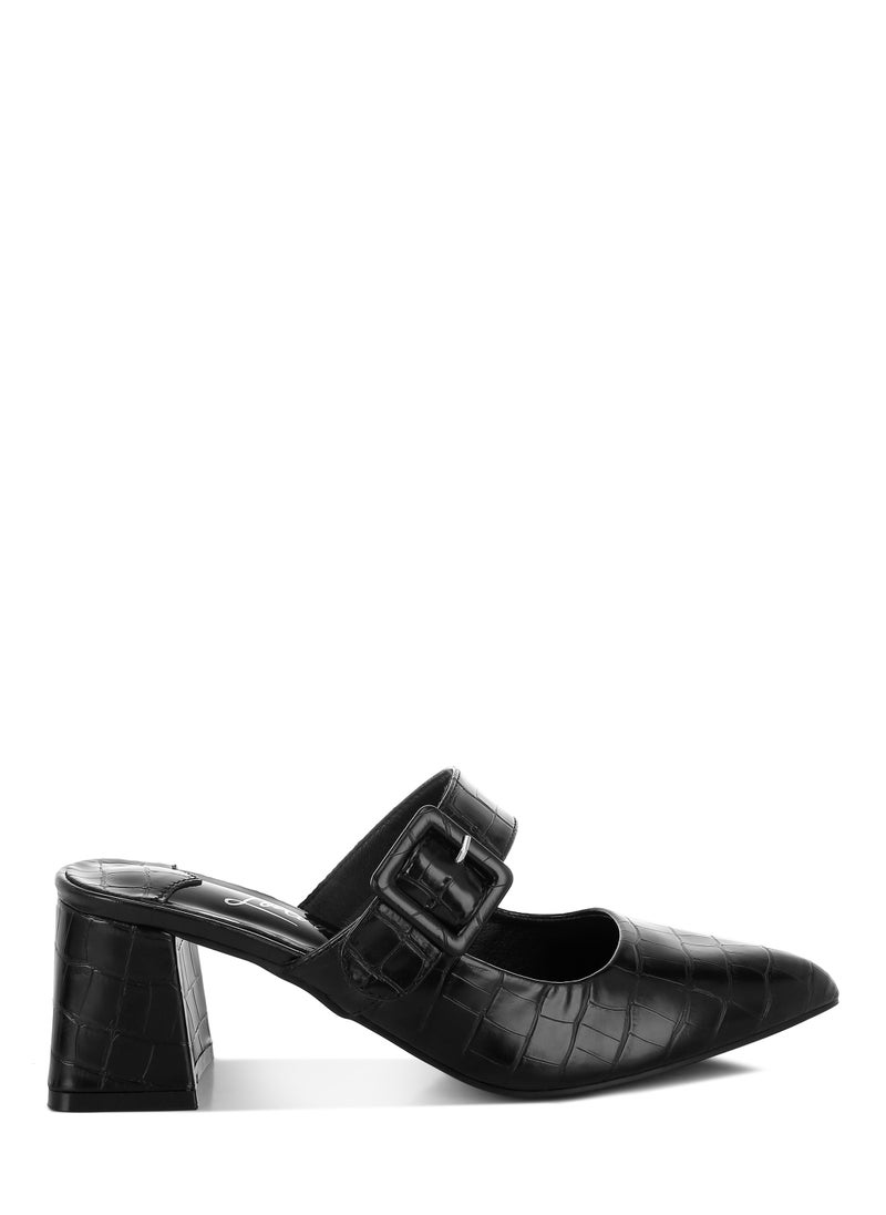 Croco Buckle Strap Detail Mules in Black