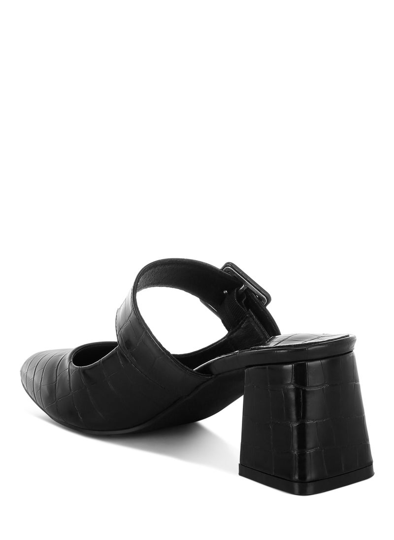 Croco Buckle Strap Detail Mules in Black