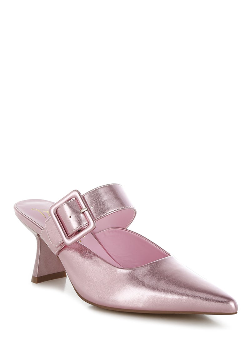 Large Buckle Kitten Heel Mules in Pink