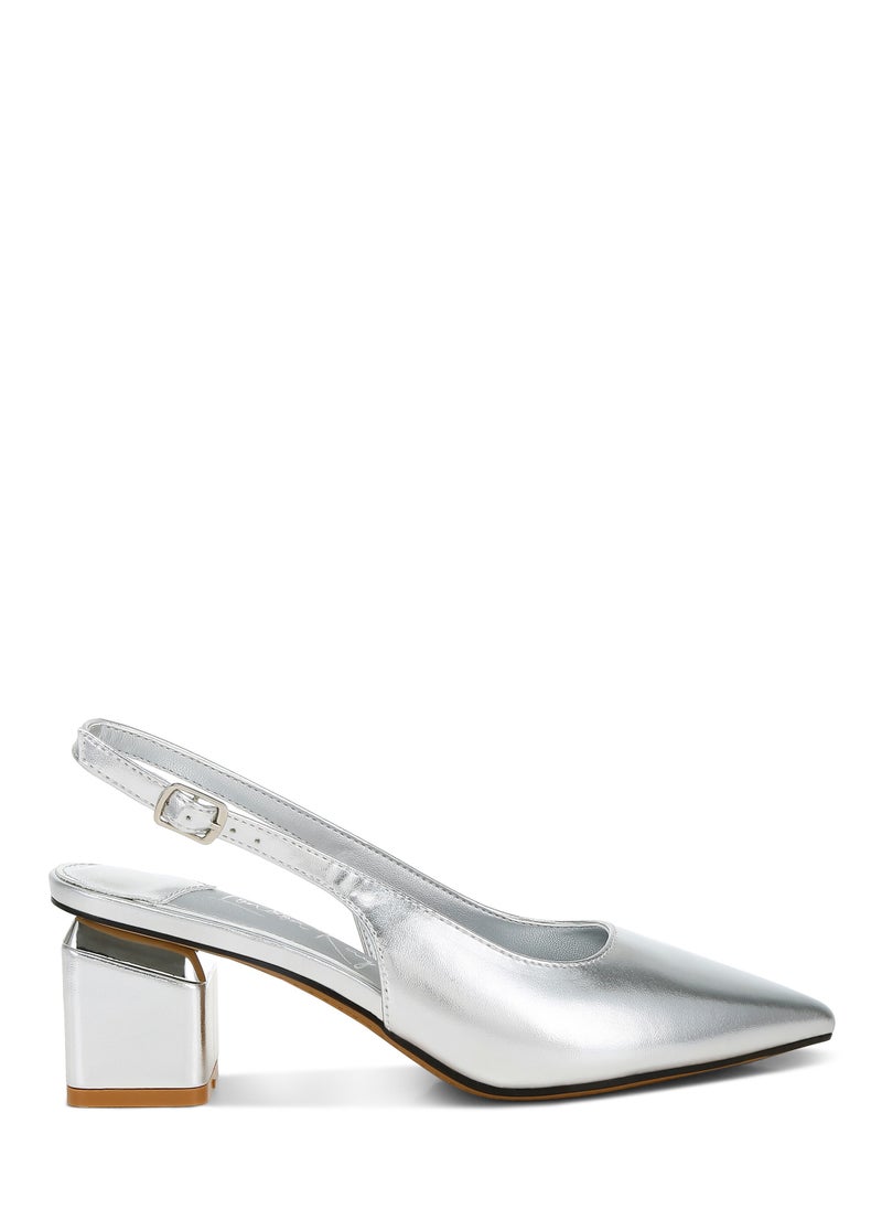 Metallic Faux Leather Slingback Sandals in Silver