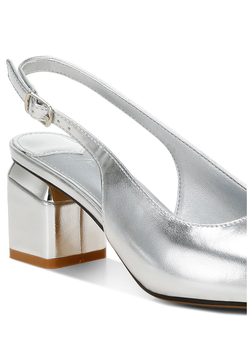 Metallic Faux Leather Slingback Sandals in Silver