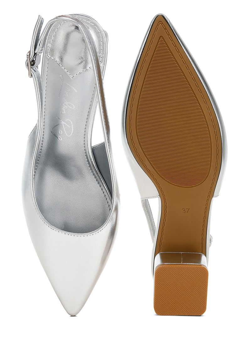 Metallic Faux Leather Slingback Sandals in Silver