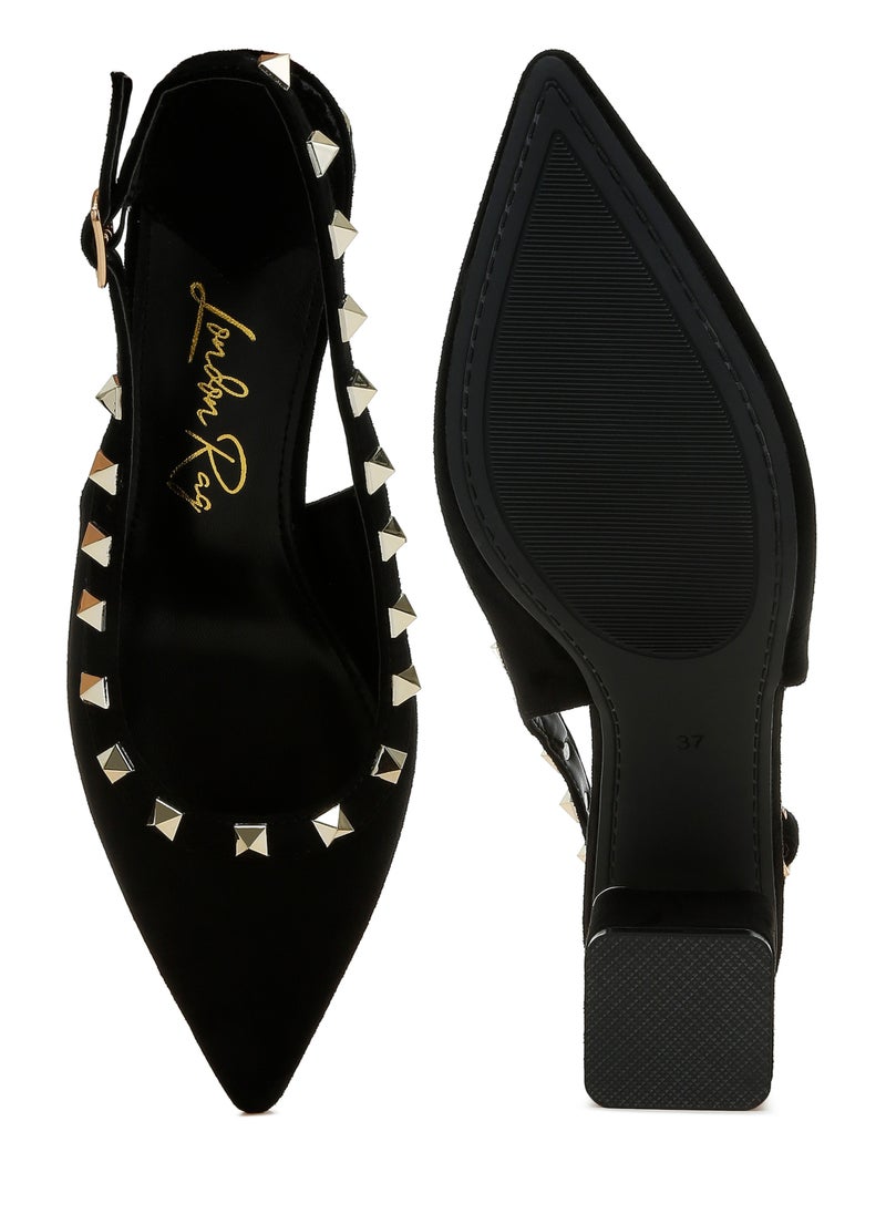 Stud Emebllished Microfiber Sandals in Black