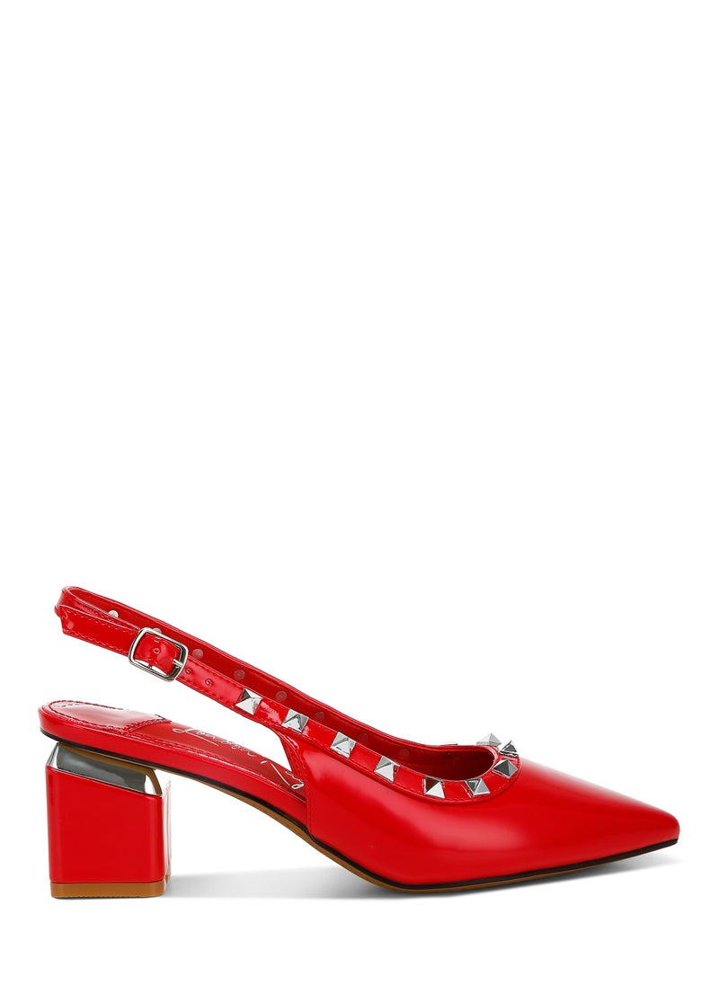 Stud Embellished Slingback Sandals in Red