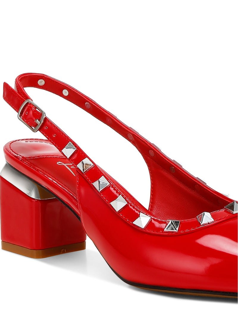 Stud Embellished Slingback Sandals in Red