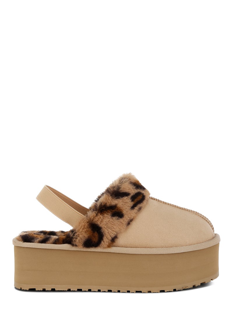 Leopard Faux Fur Platform Classic Slingback in Beige