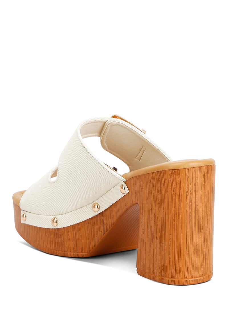 Buckle Straps High Block Heel Clogs in Beige