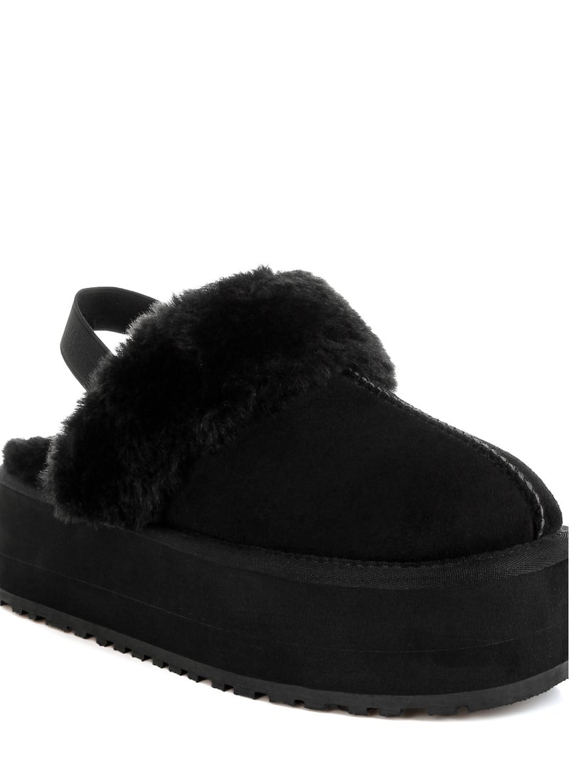 Faux Fur Trim Platform Classic Slingback in Black