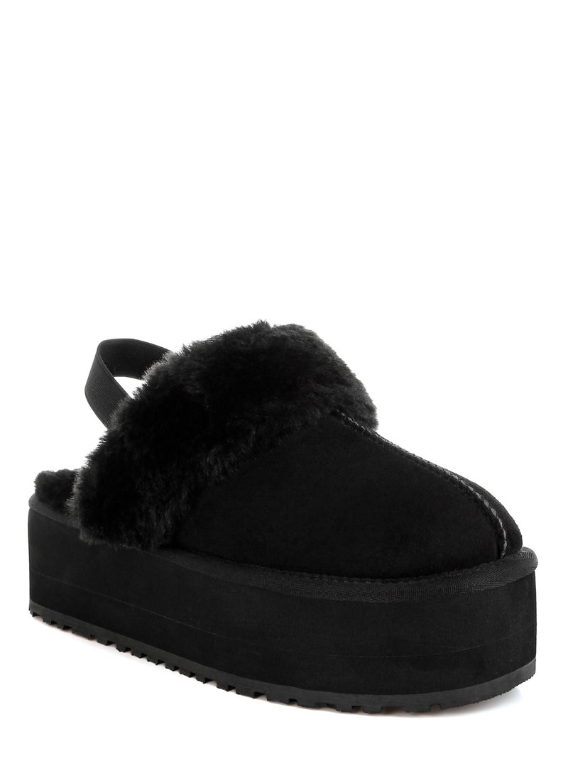 Faux Fur Trim Platform Classic Slingback in Black