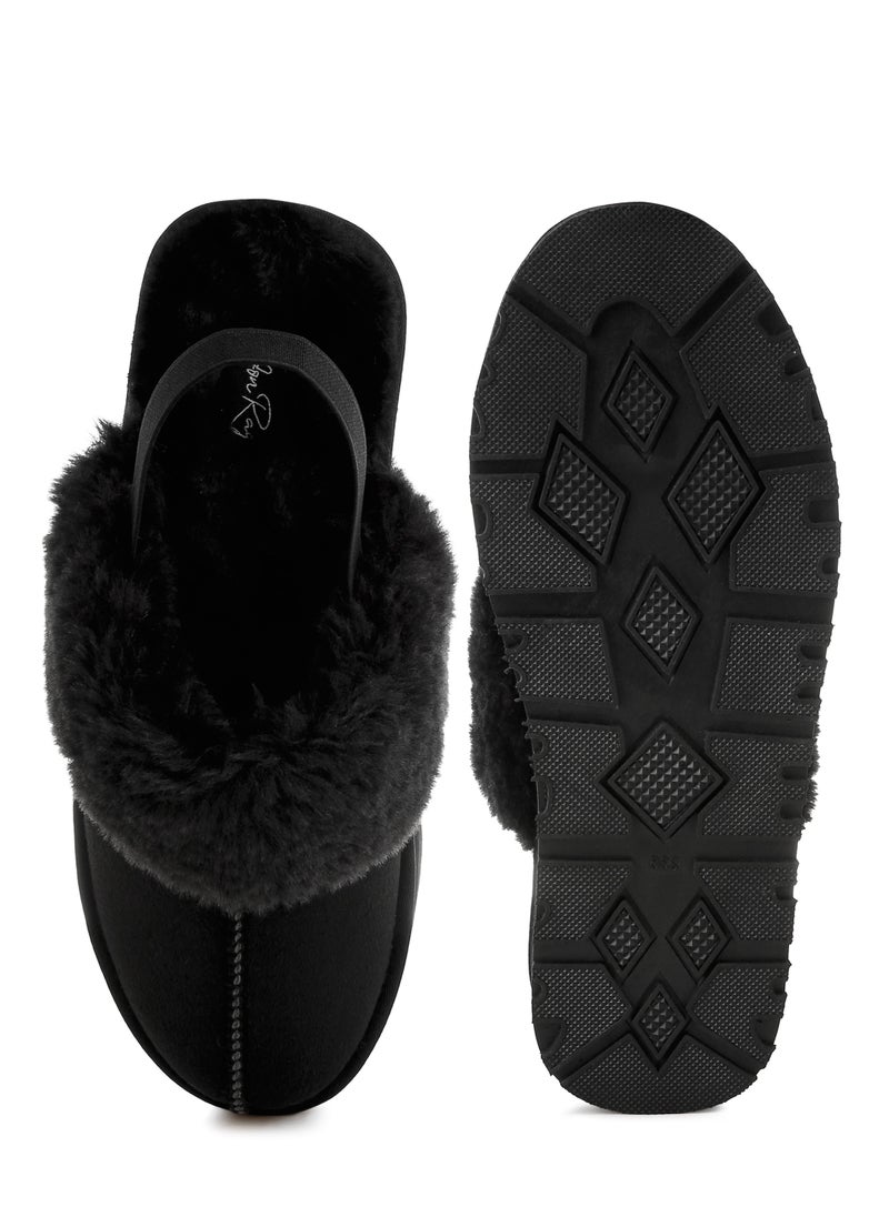 Faux Fur Trim Platform Classic Slingback in Black