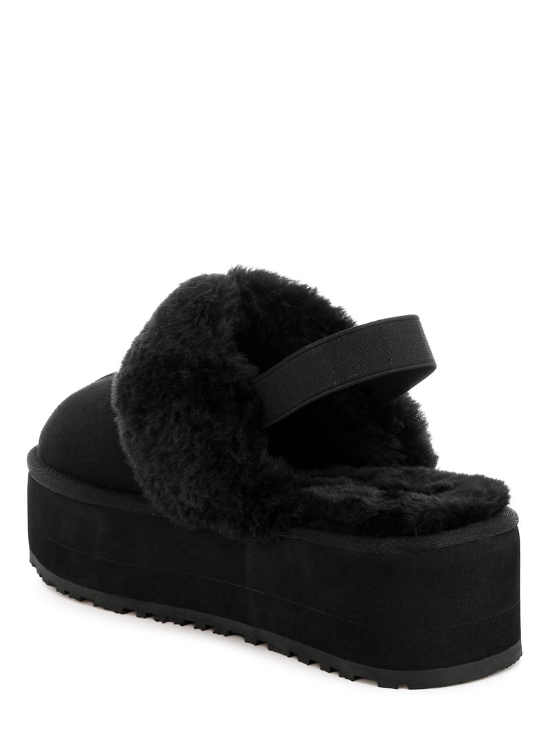 Faux Fur Trim Platform Classic Slingback in Black