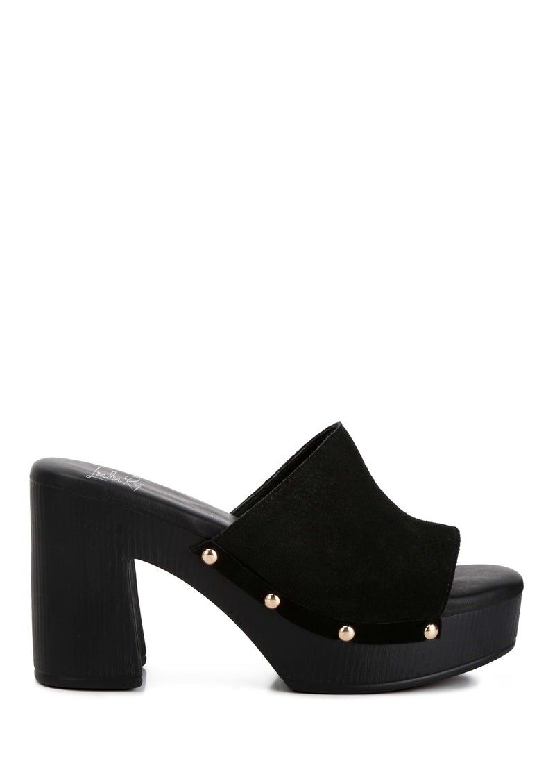 Suede High Block Heel Clogs in Black