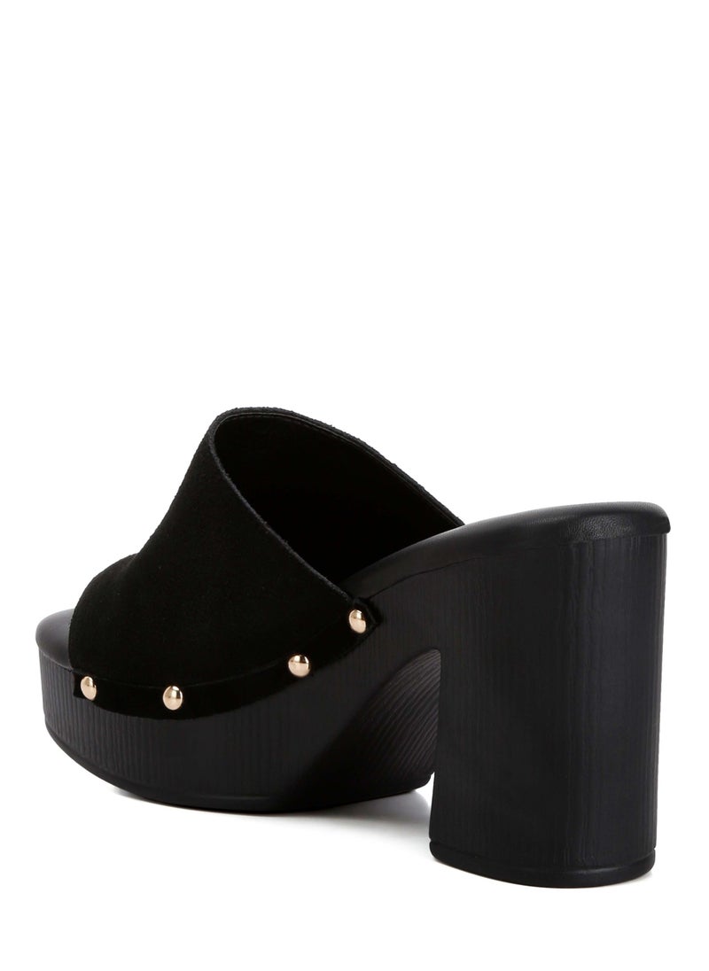 Suede High Block Heel Clogs in Black