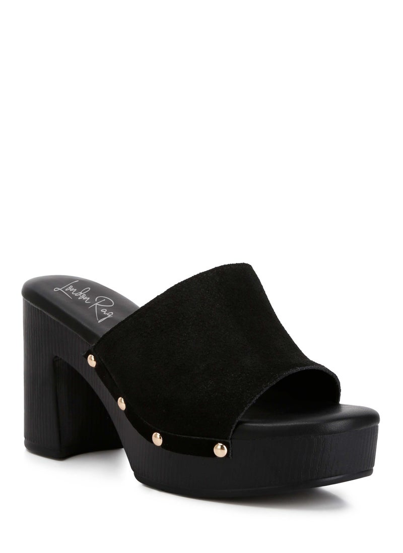 Suede High Block Heel Clogs in Black