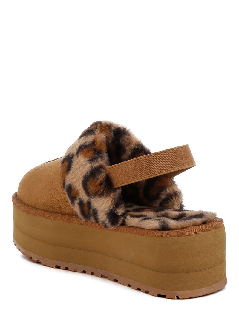 Leopard Faux Fur Platform Classic Slingback in Tan