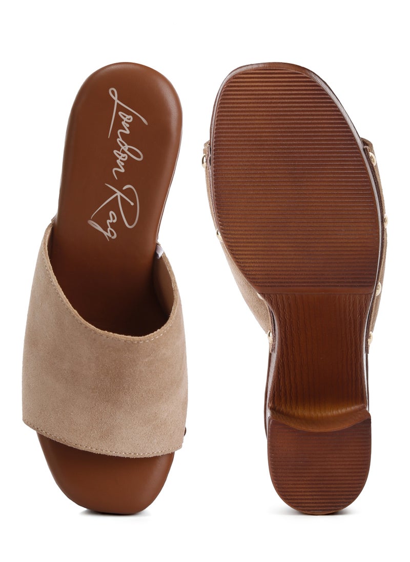 Suede High Block Heel Clogs in Tan