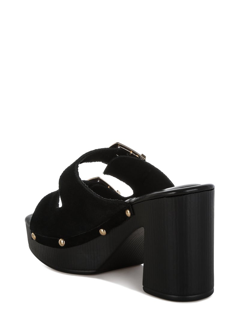 Studded Dual Buckle Platform Clogs in Black