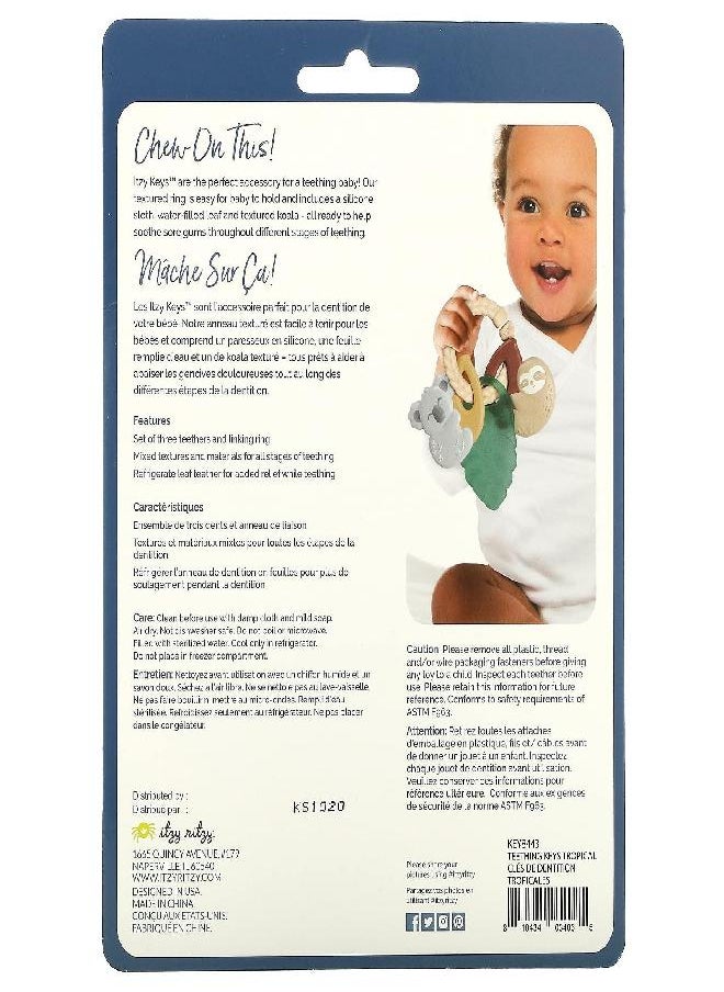Itzy Ritzy Teething Keys - Feature A Braided Texture Ring & Keys with Mixed Textures, Includes A Water-Filled Leaf, Silicone Sloth & Koala Teether Toy, Tropical