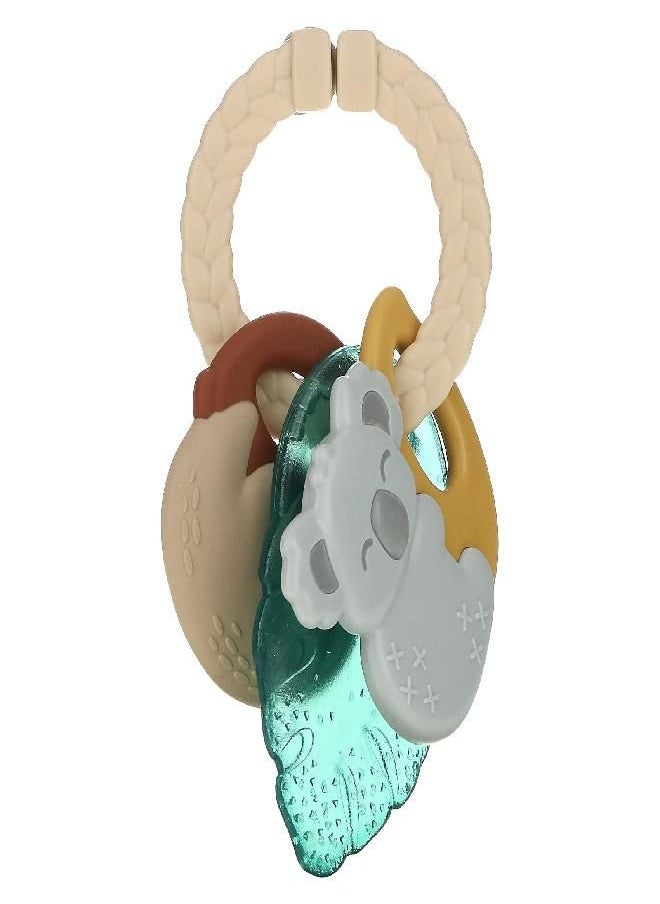 Itzy Ritzy Teething Keys - Feature A Braided Texture Ring & Keys with Mixed Textures, Includes A Water-Filled Leaf, Silicone Sloth & Koala Teether Toy, Tropical