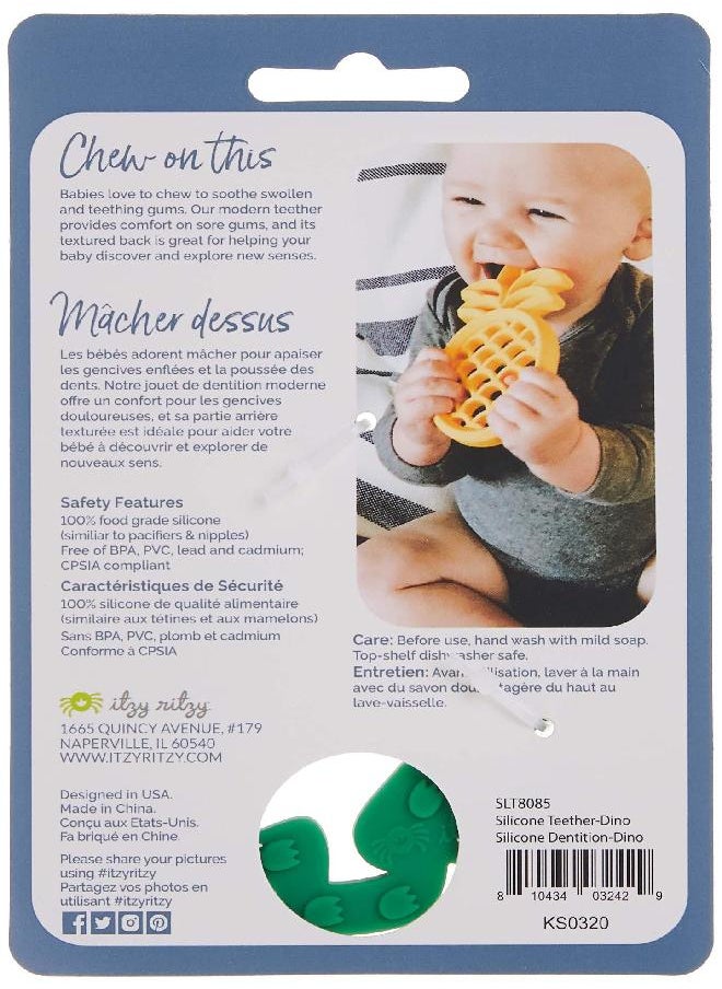 Itzy Ritzy Silicone Baby Teether - BPA-Free Infant Teether with Easy-to-Hold Design & Textured Back Side to Massage & Soothe Sore, Swollen Gums, Dinosaur