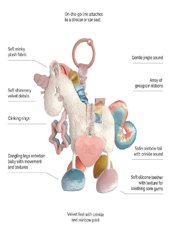 Itzy Ritzy Link & Love Toy for Stroller, Car Seat or Activity Gym, Features Textured Ribbons, Crinkle Sounds, Clinking Rings & Silicone Teether, Unicorn
