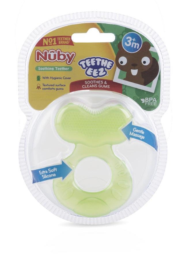 Nuby Silicone Teethe-eez Teether with Bristles, Includes Hygienic Case, Green