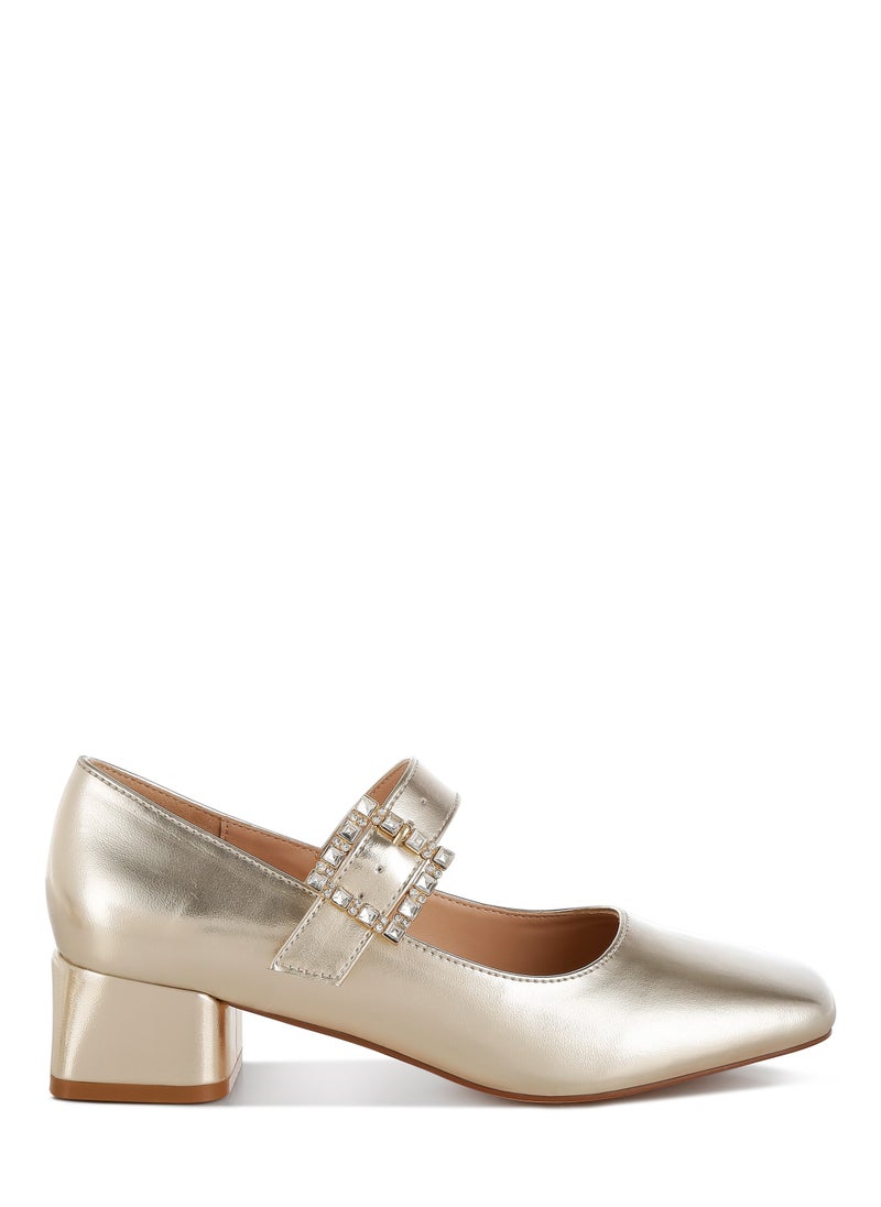 Diamante Brooch Metallic Mary Jane Pumps in Gold