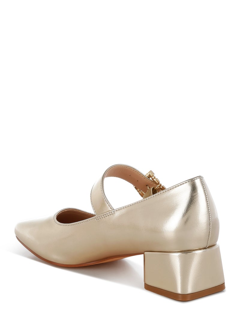 Diamante Brooch Metallic Mary Jane Pumps in Gold