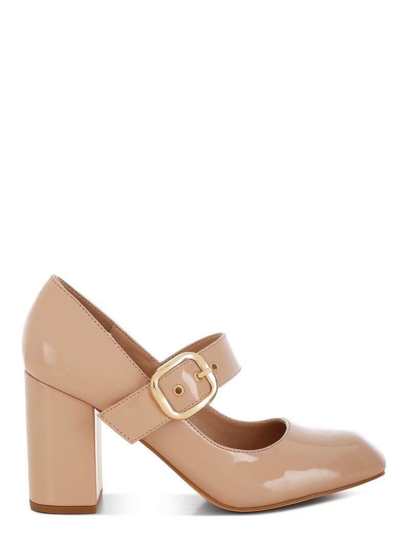 Block Heel Mary Jane Sandals in Beige