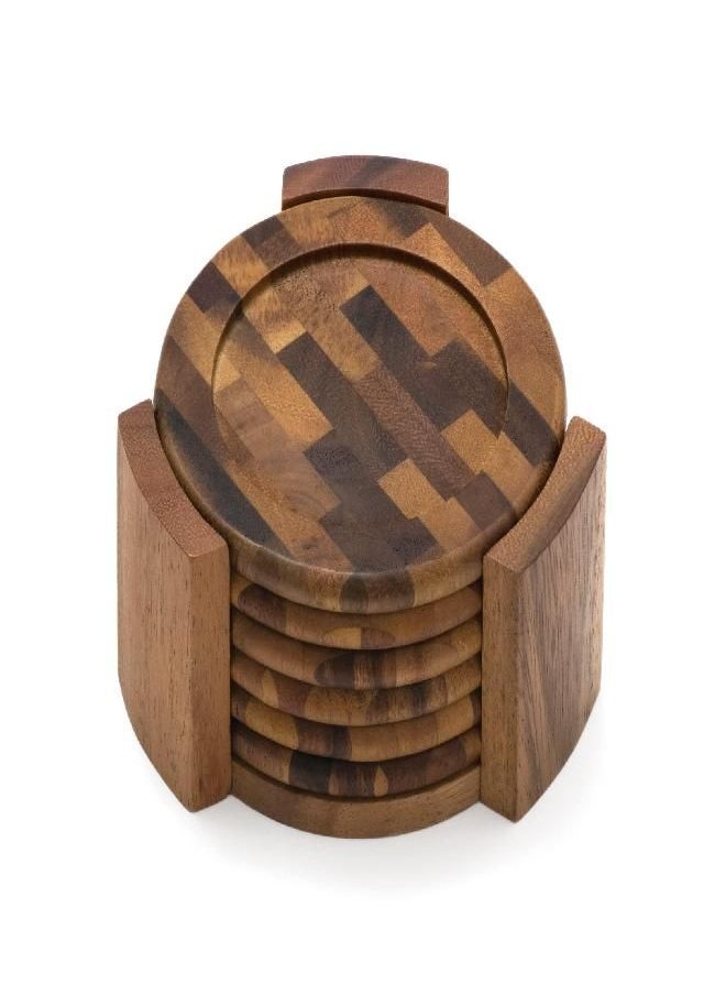 Lipper International Acacia End Grain Wood Round Coasters and Caddy, 7-Piece Set