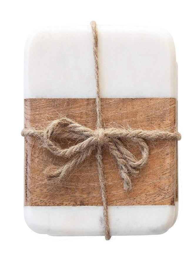 Creative Co-Op Marble & Acacia Wood, White & Natural, Set of 4 Coaster, 4