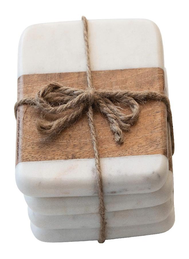 Creative Co-Op Marble & Acacia Wood, White & Natural, Set of 4 Coaster, 4