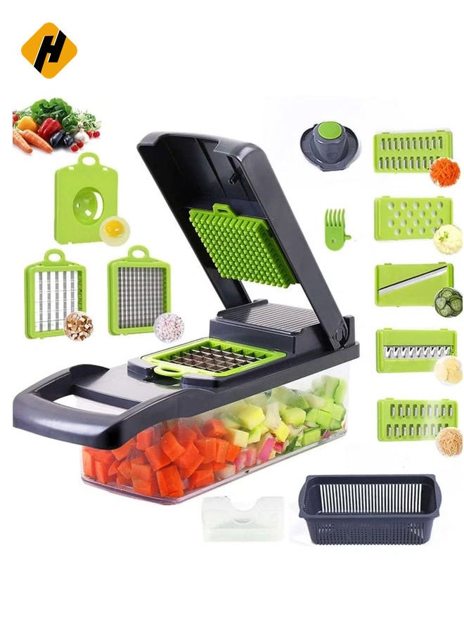 Vegetable Chopper Food Chopper Slicer Veggie Chopper Grater Multifunction with Handle Multi Blade Kitchen Food Vegetable Chopper Cutter with Container Drain Basket for Fruit Onion Potato