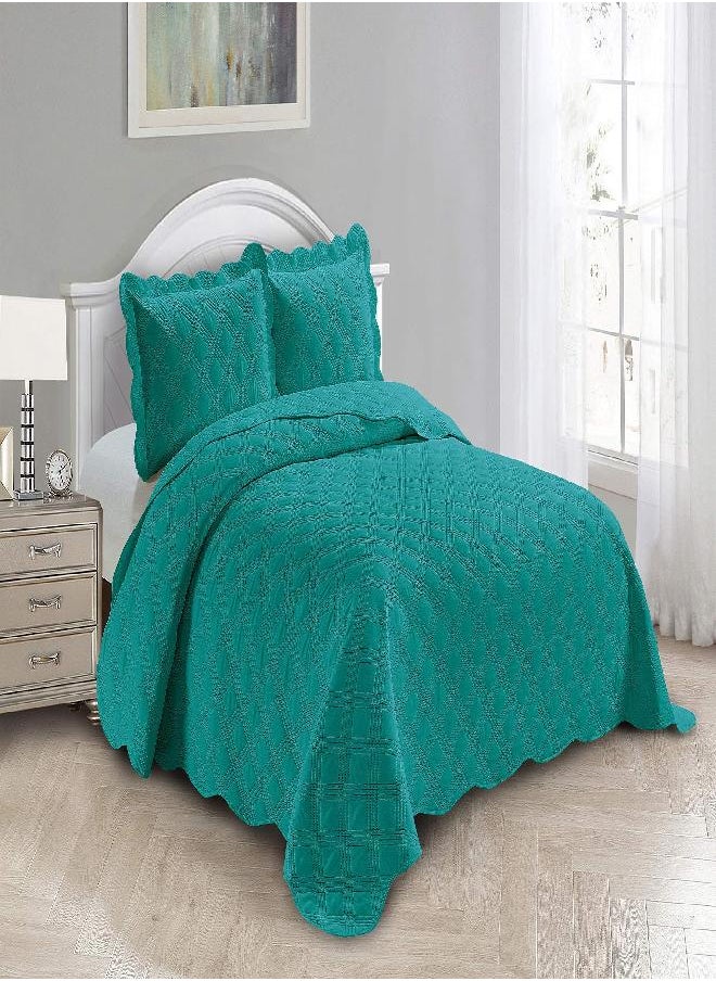 Fancy Linen 3pc Embossed Coverlet Bedspread Set Oversized Bed Cover Solid Modern Squared Pattern New # Jenni (Full/Queen, Turquoise)