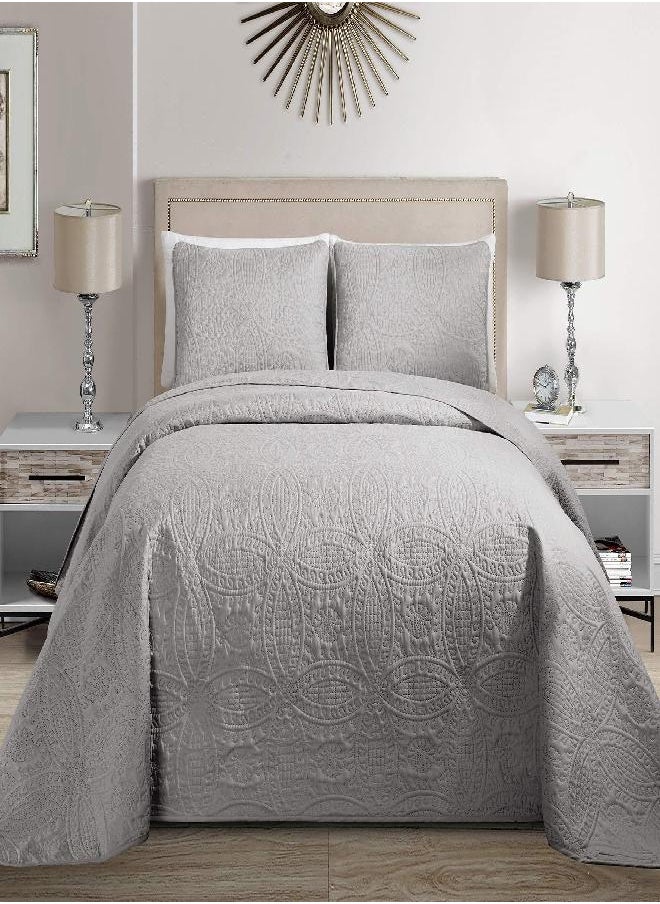 Fancy Collection 3pc King/California King Embossed Oversized Coverlet Bedspread Set Solid Silver New