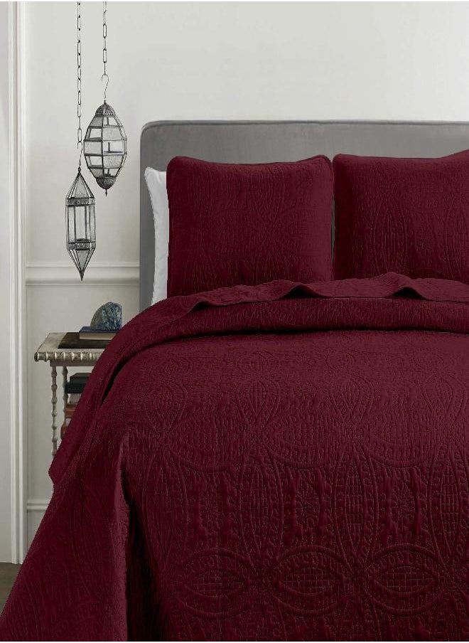 Chezmoi Collection Austin 3-Piece Oversized Bedspread Coverlet Set (Queen, Burgundy)