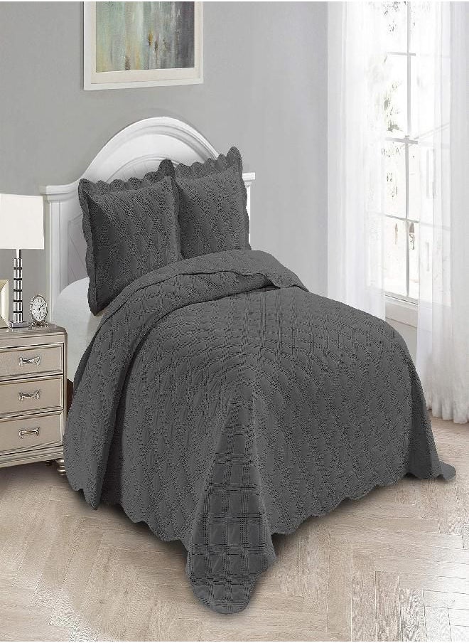 Fancy Linen 3pc Embossed Coverlet Bedspread Set Oversized Bed Cover Solid Modern Squared Pattern New # Jenni (Full/Queen, Caharcoal)