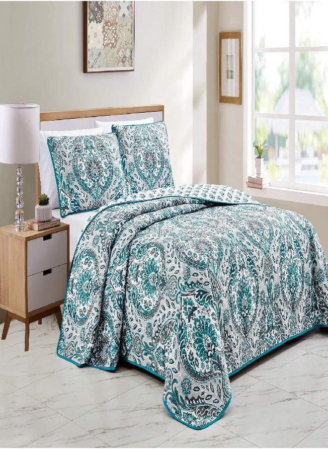 Linen Plus Quilted Coverlet Bedspread Set Turquoise Teal Grey Charcoal White New # Lori (King/Cal King)