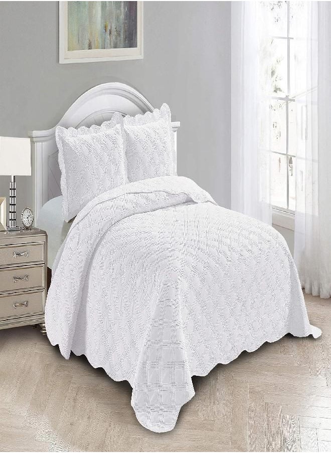 Fancy Linen 3pc Embossed Coverlet Bedspread Set Oversized Bed Cover Solid Modern Squared Pattern New # Jenni (Full/Queen, White)