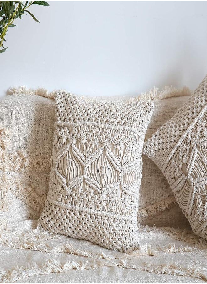 Mkono Throw Pillow Cover Macrame Cushion Case (Pillow Inserts Not Included) Set of 2 Boho Pillows Decorative Pillow Cover for Bed Sofa Couch Bench Boho Home Decor,17 Inches